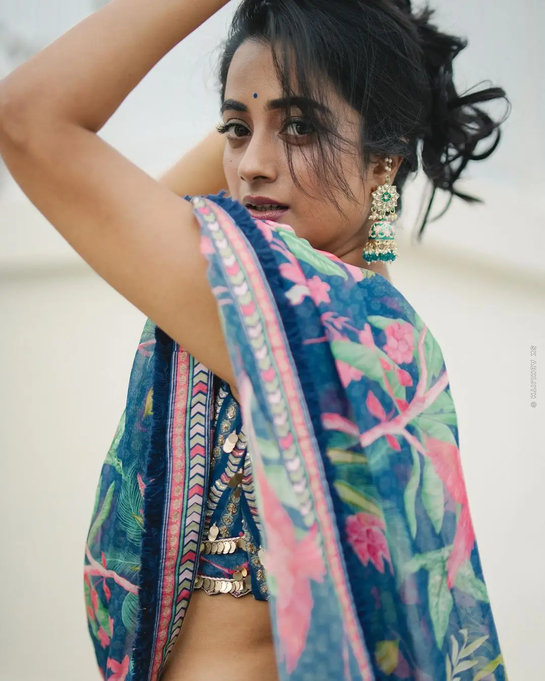 Namitha Pramod Wearing Beautiful Earring Blue Saree